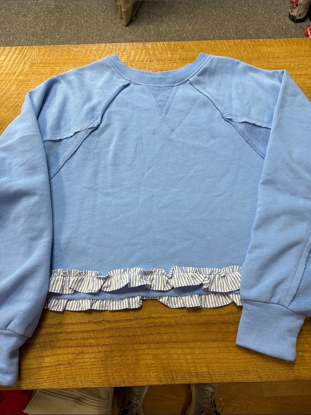 Pink Lily Light Blue Ruffle Hem Sweatshirt